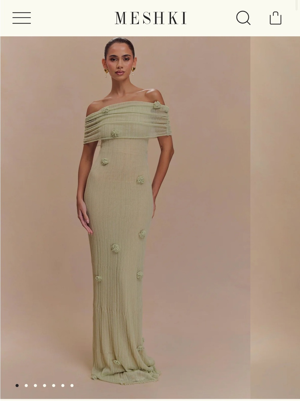 Meshki Sage Green Off-Shoulder Maxi Dress with Floral Rosettes- Perfect Dress